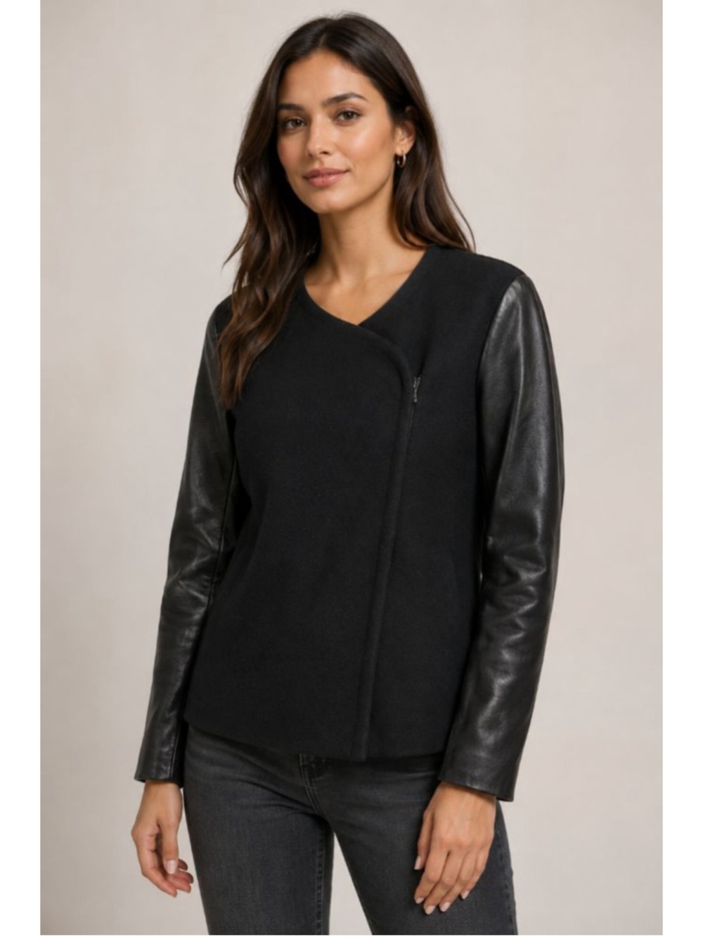 VINCE Black Wool Leather Sleeve Jacket Blazer Small Moto Asymmetrical Zip